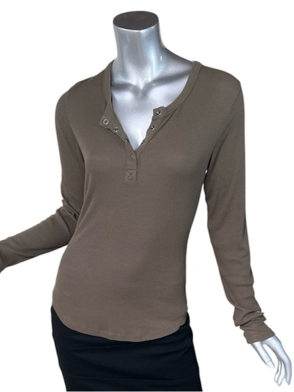 bobi Los Angeles Ribbed Henley Top Long Sleeve Fitted Soft Shirt Women’s Medium